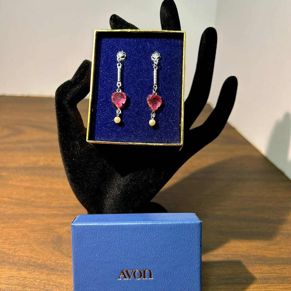 New Vintage 70s Avon Pink Heart Rhinestone & Pearl Earrings w/14k Wht Gold Posts
